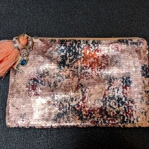 Sequined blush clutch